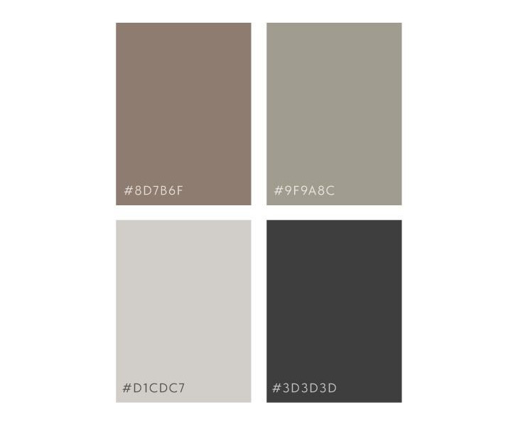 Colour Palette 2 An image with circles of different colours (earthy tones, cool grey, light grey, and almost black) showing colour palette for website