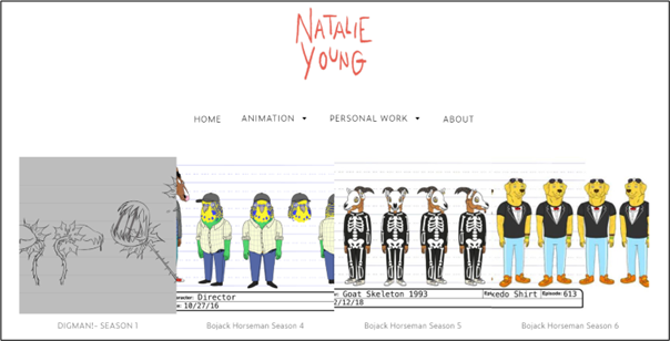 A screenshot from Natalie Young's Character 
  Design page from her website